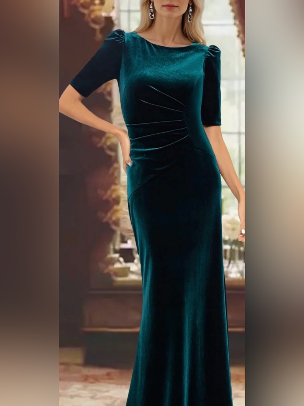 Velvet Maxi Dress in Deep Teal with Ruched Side Detail - Women